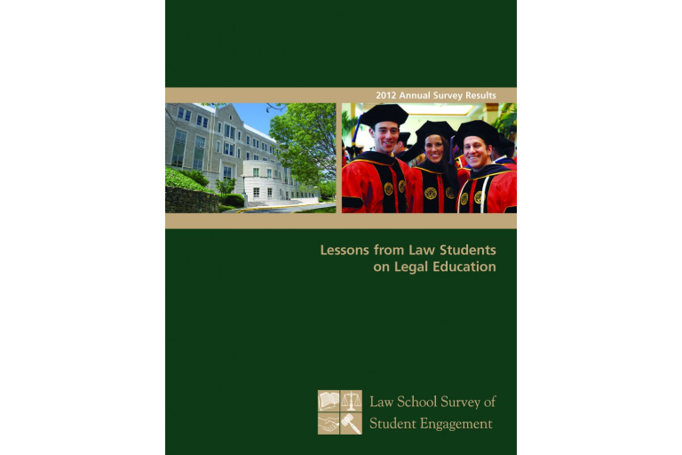 A dark green book cover titled, "Lessons from Law Students on Legal Education." The top of the cover is a landscape-oriented photo collage of two images, one on the left and one on the right. The image on the left shows a large, gray stone building with many windows and an arched entrance, surrounded by green grass and trees. The image on the right shows three smiling law students in graduation caps and gowns. At the bottom of the cover is the "Law School Survey of Student Engagement" logo.