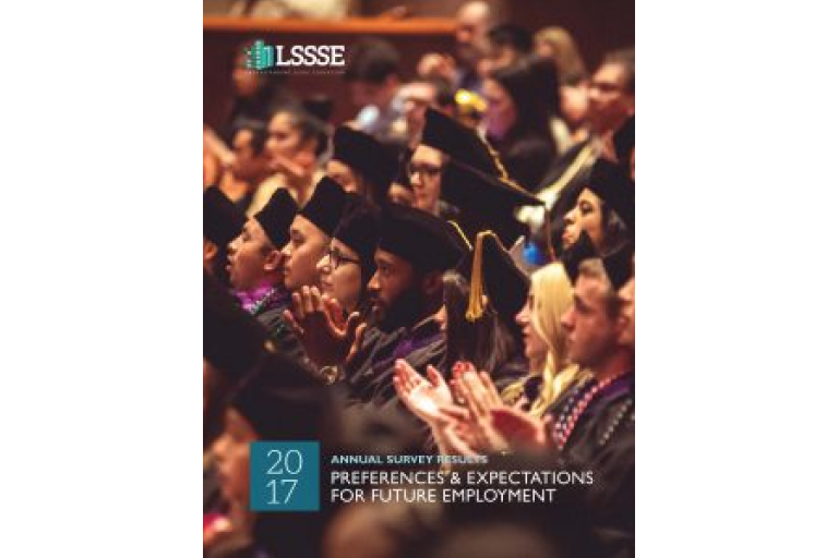 A book cover for "2017 Annual Survey Results: Preferences & Expectations for Future Employment." The cover is a photo of a crowd of law students in black caps and gowns, clapping. Some students are looking forward, others are looking to the side. At the top left of the cover is a green and white "LSSSE" logo, and the title text is in the lower left corner.