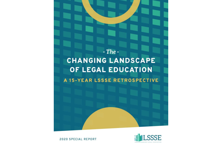 A book cover titled, "The Changing Landscape of Legal Education: A 15-Year LSSSE Retrospective." The cover is a blue-green color with a darker blue grid pattern. Two large gold circles are at the top and bottom of the cover, partially cut off by the edges. The title is in the middle in white and gold font. At the bottom of the cover is the title "2020 Special Report" and the LSSSE logo.
