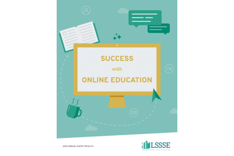 A book cover for "Success with Online Education: 2022 Annual Survey Results." The cover is a teal background with a subtle, geometric pattern. The cover features an illustration of a yellow computer monitor with the title in the center, and a mouse cursor pointing to it. Floating around the monitor are other icons, including a coffee cup, an open book, and message bubbles. The "LSSSE" logo is at the bottom right.